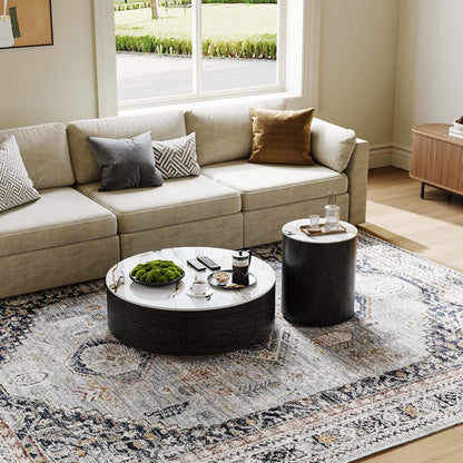 Modern Drum Coffee Table with Storage, Sintered Stone Top round Coffee Table with Drawers, Oak Veneer, Fully Assembled, 39.37"