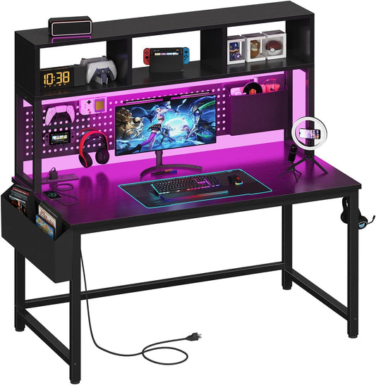 Black Gaming Desk with Hutch and Pegboard - 47 Inch Gaming Desk with Shelves Storage Power Outlets, Computer Teen Work Study Writing Desks for Bedroom Home Office