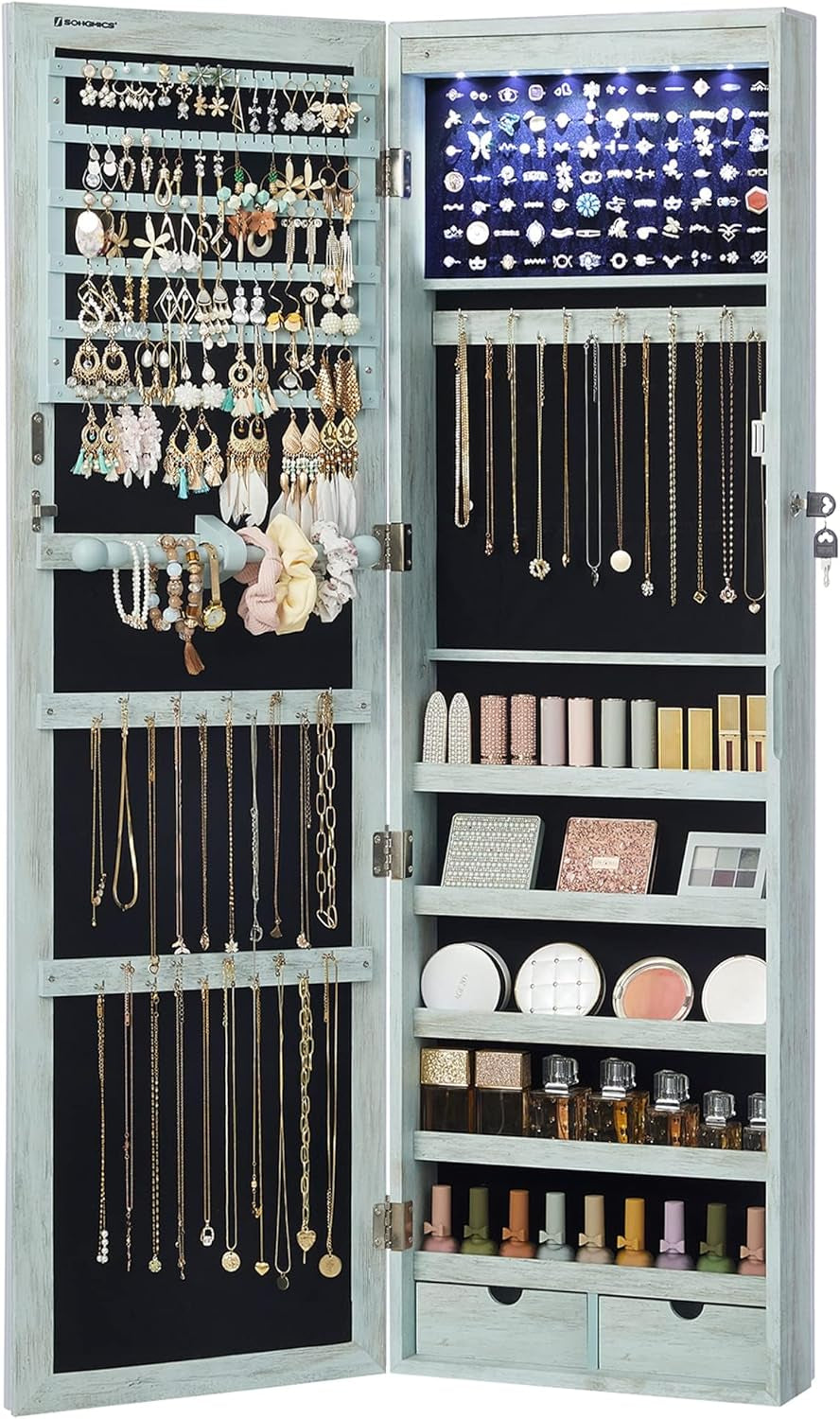 6 Leds Mirror Jewelry Cabinet, 47.2-Inch Tall Lockable Wall or Door Mounted Jewelry Armoire Organizer with Mirror, 2 Drawers, 3.9 X 14.6 X 47.2 Inches, White UJJC93W