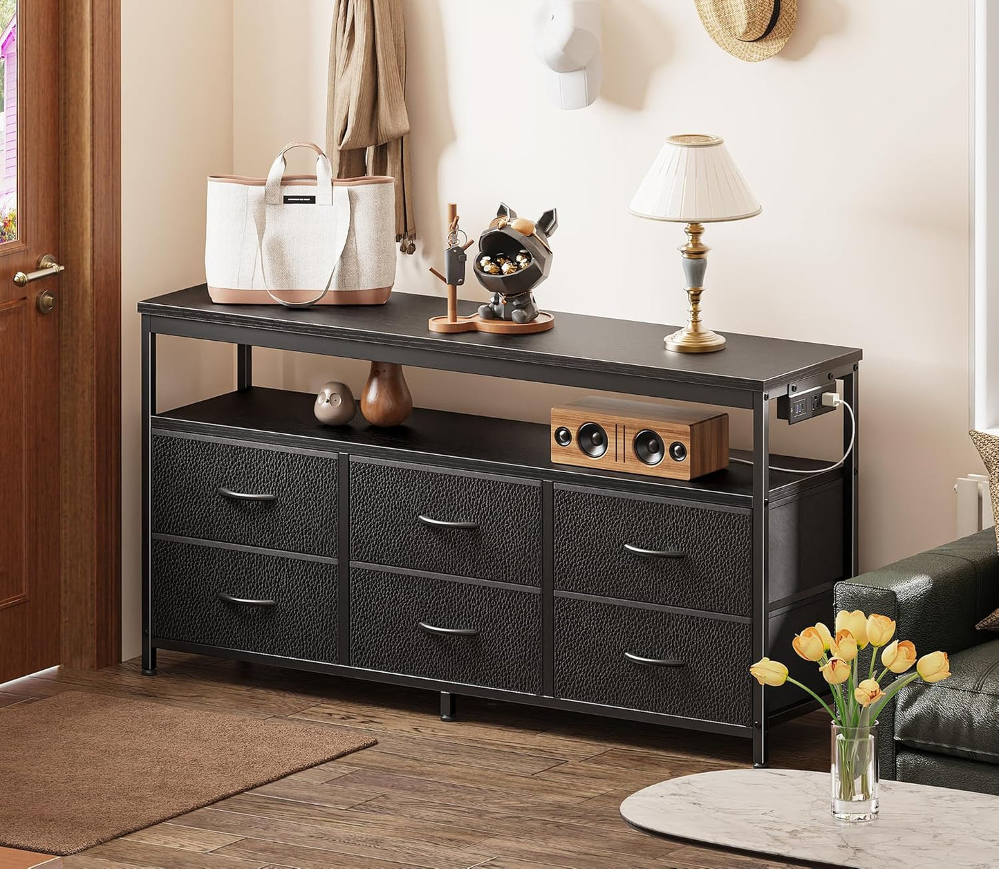 LED TV Stand for Bedroom, 47 Inch Dresser TV Stand for 43, 50, 55 Inch TV, Black TV Stand with Storage, Entertainment Center with Power Outlets, 6 Drawer Fabric Dresser for Living Room