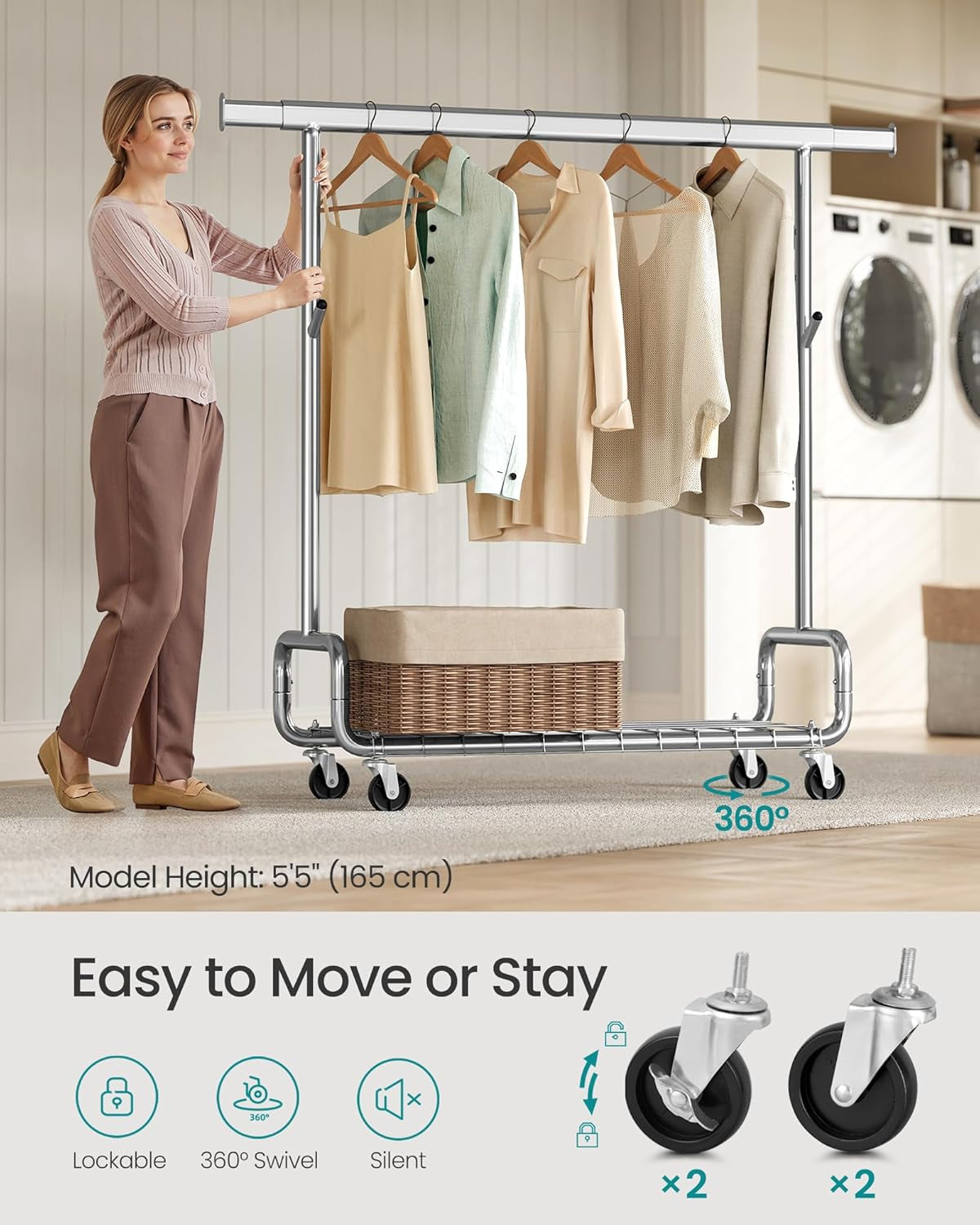 Clothes Rack, Heavy-Duty Rolling Clothing Garment Rack with Wheels, Extendable Hanging Rod and Adjustable Height, Portable, with Shelf and Hooks, Silver UHSR014E01