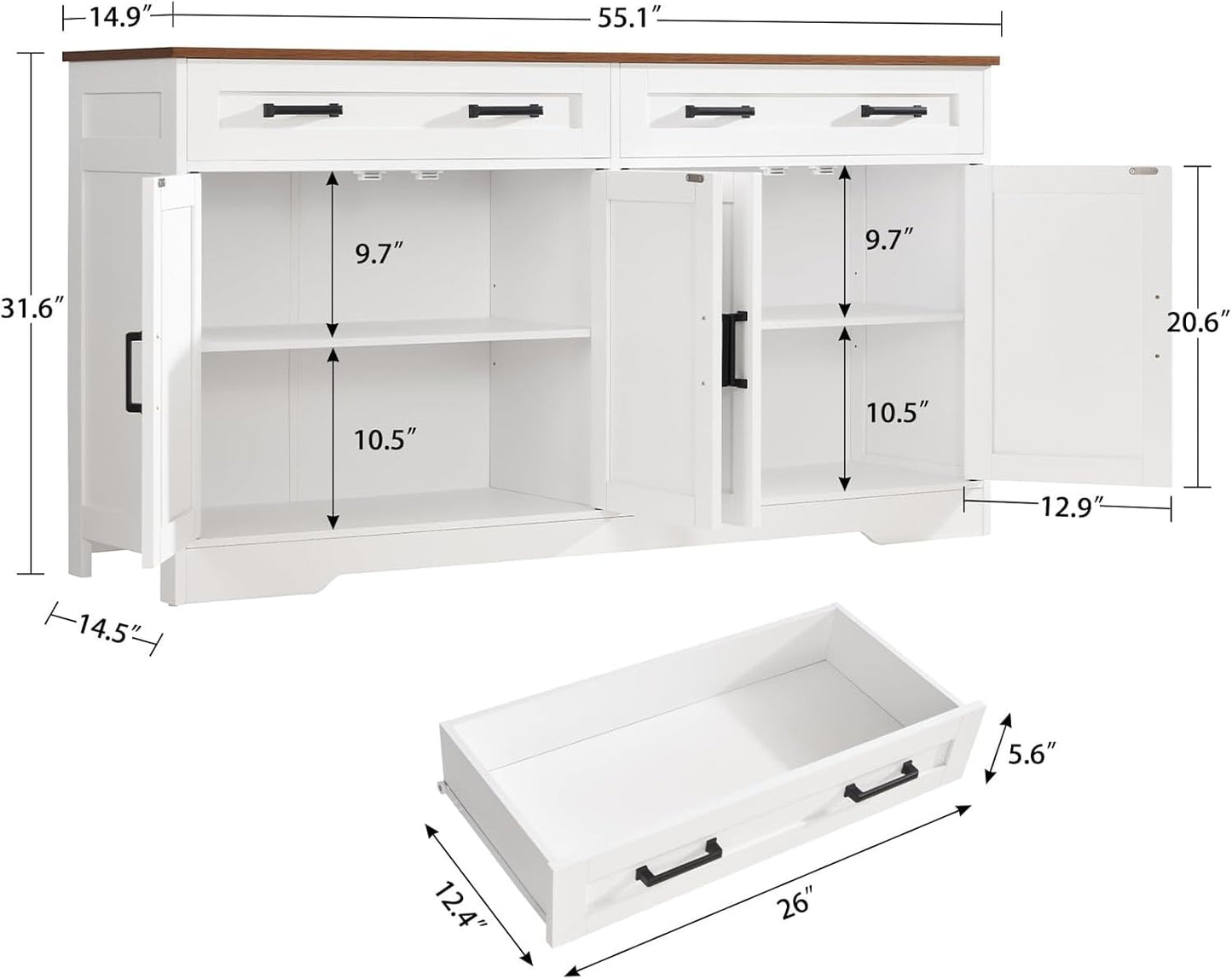 Buffet Cabinet with Storage and Drawers, 55" Large Sideboard Buffet Cabinet with Adjustable Shelves and Doors, Modern Coffee Bar for Kitchen, Living Room, White