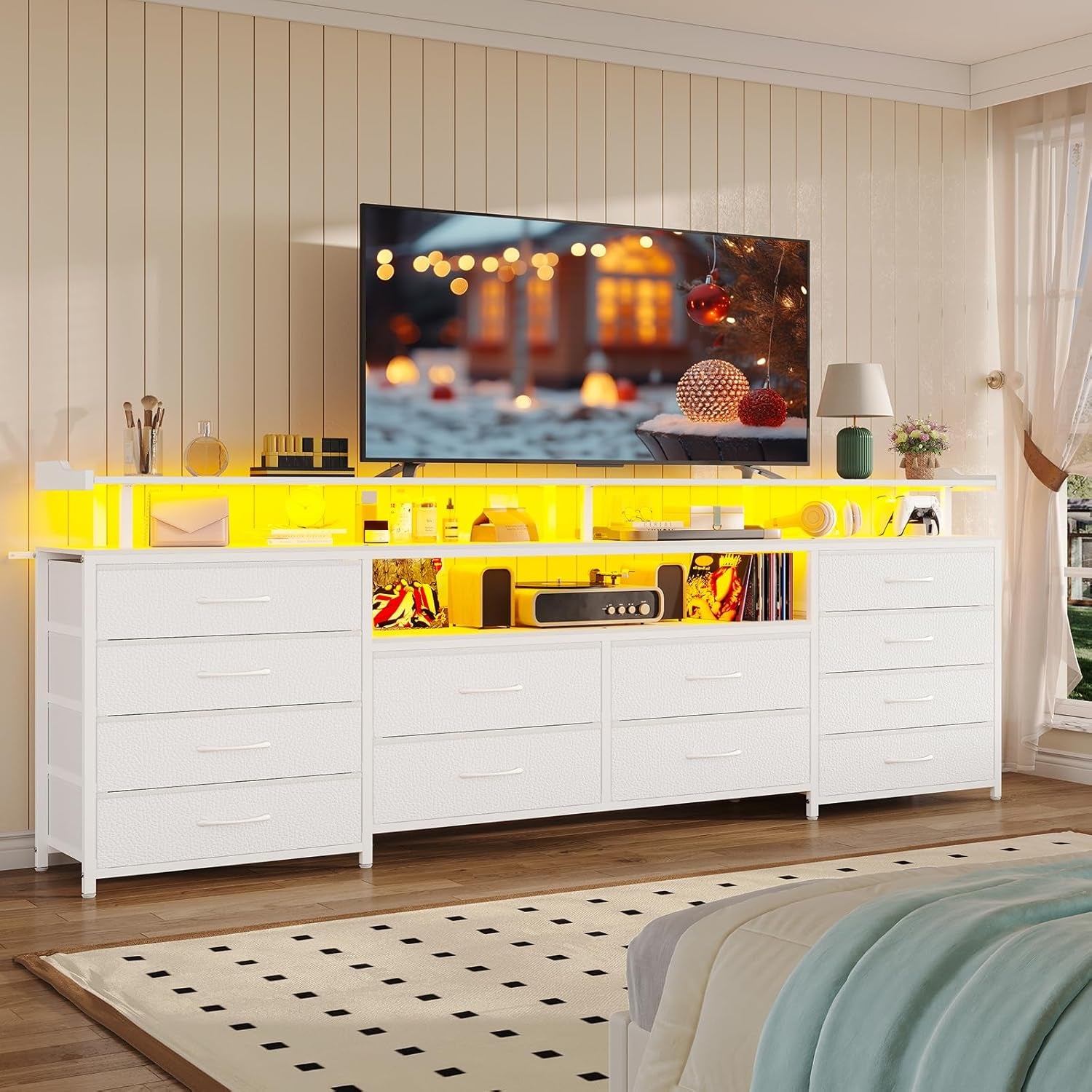 TV Stand Dresser for 65 Inch TV, 63" W Dresser with LED Lights & Charging Station, White Long Dresser with 12 Fabric Drawers, Entertainment Center with Shelves,For Living Room