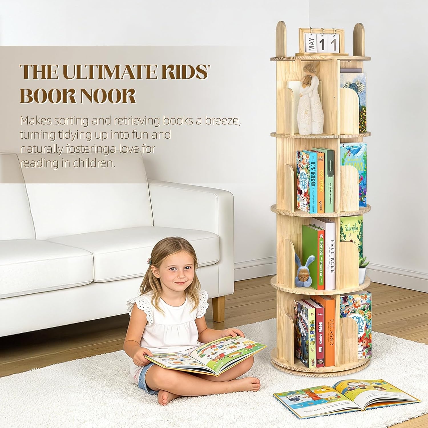 Rotating Bookshelf, Solid Pine Wood Spinning Bookshelf Tower 4 Tier, 360° Revolving Bookcase for Kids, Multi-Functiona Corner round Turning Book Shelf Organizer for Small Spaces