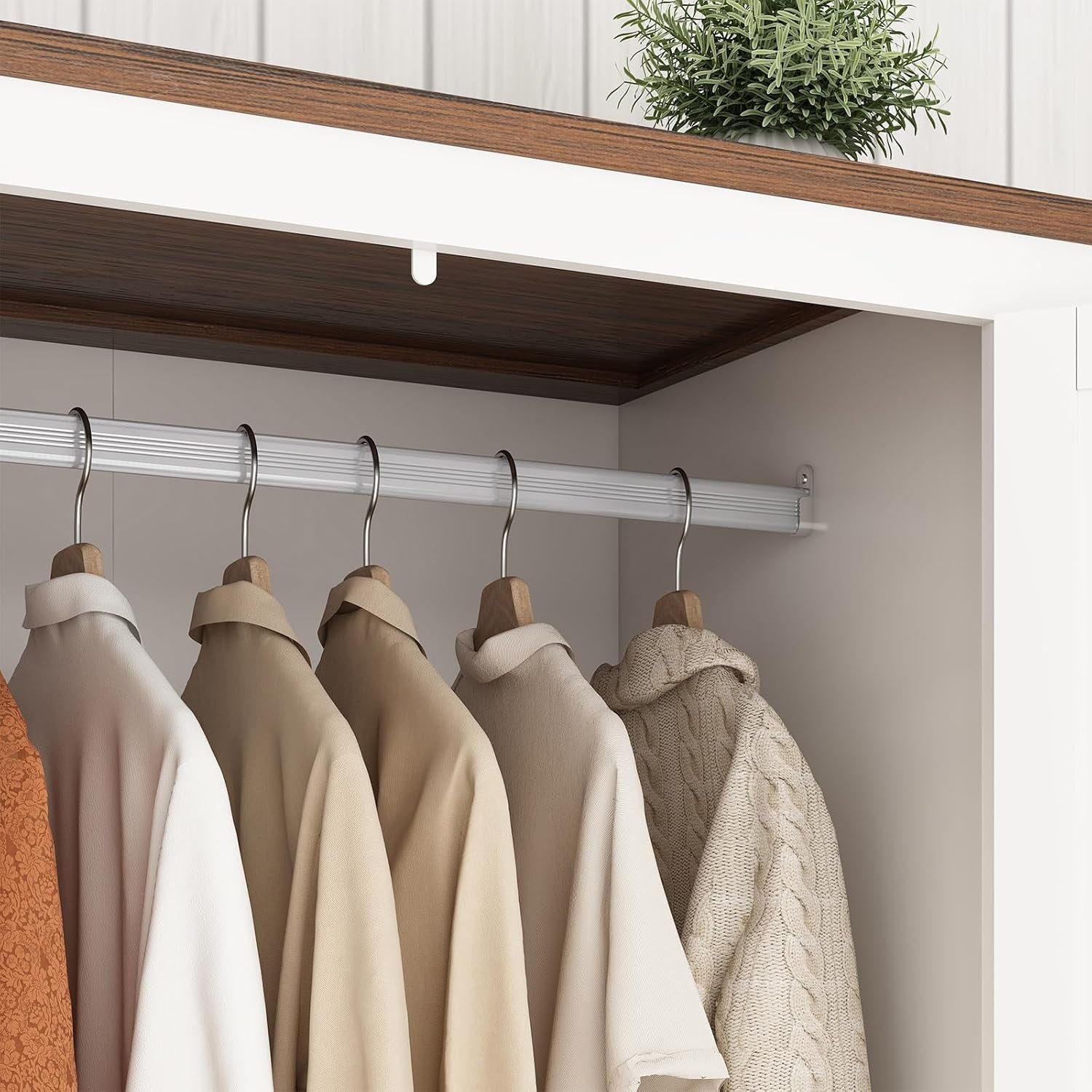 4 Doors Wardrobe Armoire Closet with Doors and Drawers, Farmhouse Wooden Armoire Storage Cabinet with Shelves & Hanging Rod for Bedroom, White