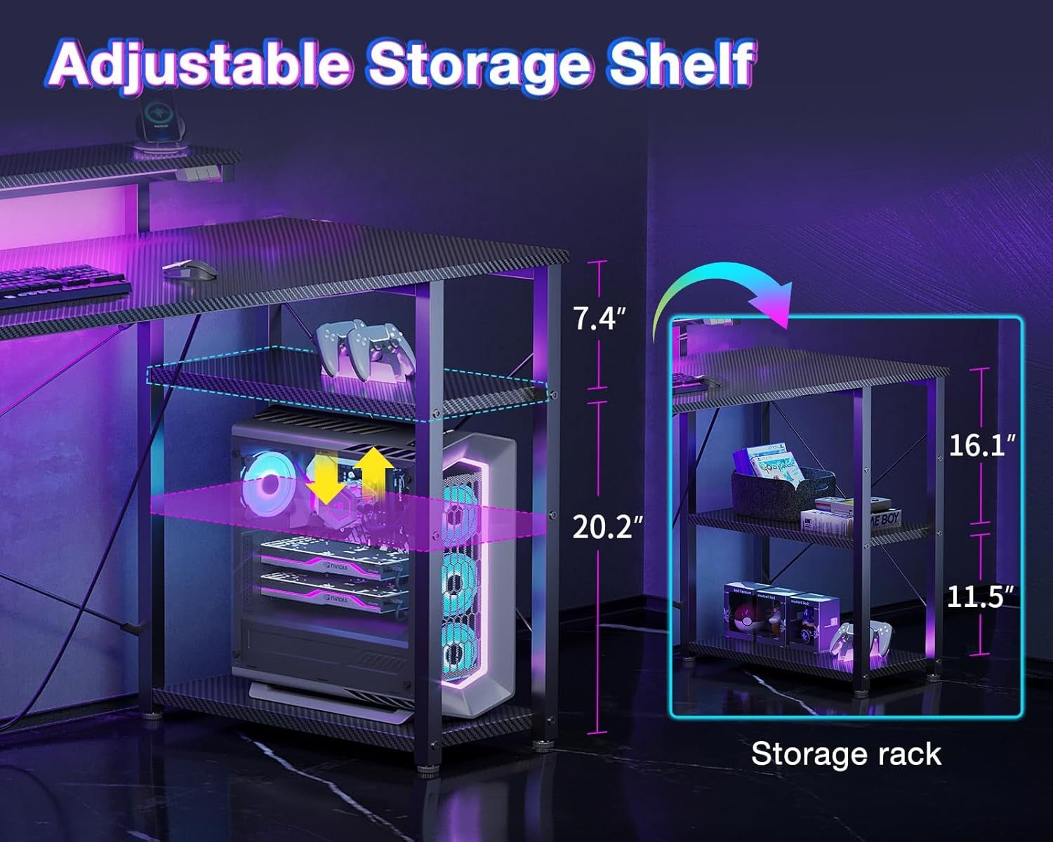 40 Inch Small Gaming Desk with Storage & Led Lights, Computer Desk with Shelf, Reversible Gamer Desk with Monitor Stand, Carbon Fiber Texture Black