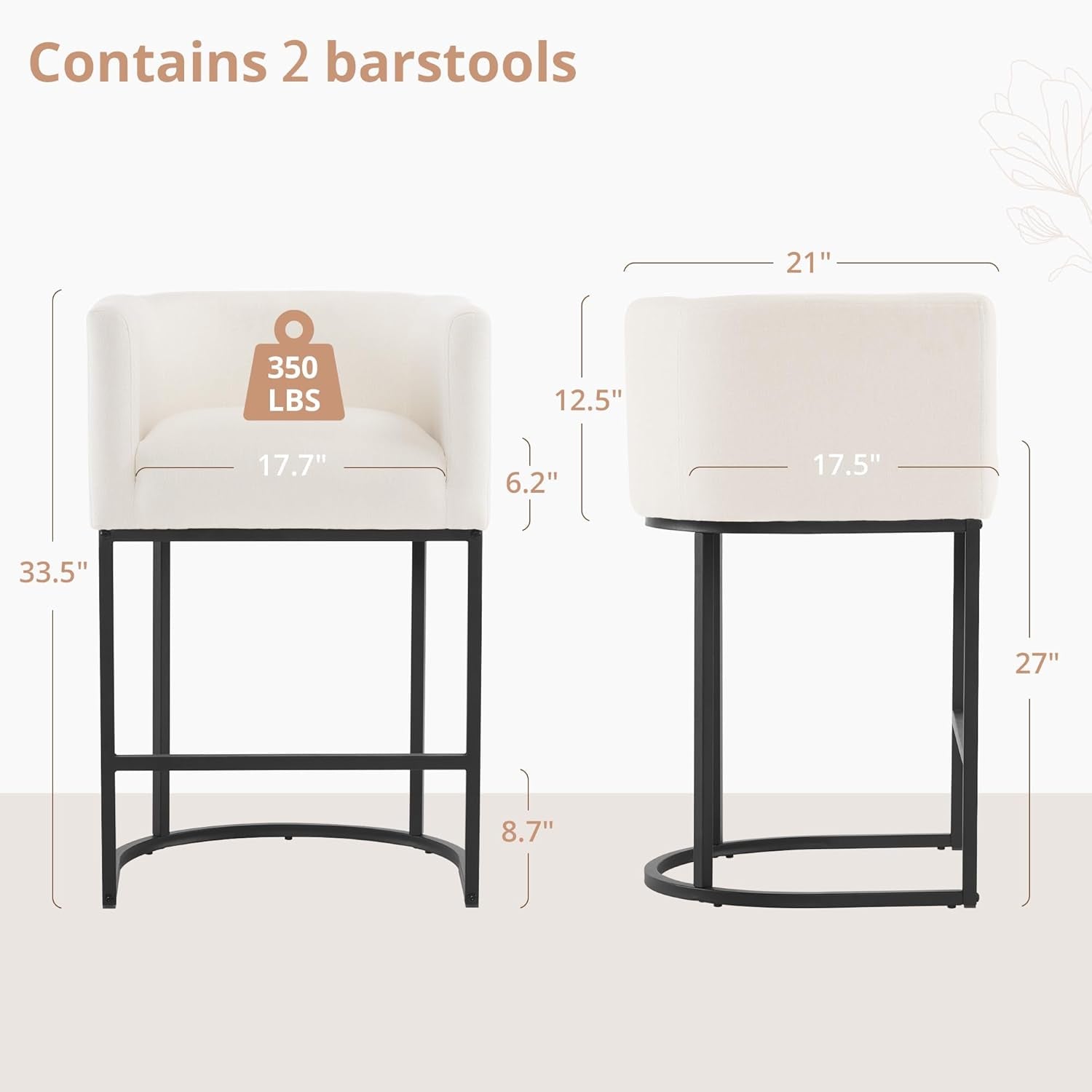 27" H Counter Height Bar Stools Set of 2, Modern Barrel Counter Stools with Backrest and Arms, Black Metal Frames, Linen Fabric Upholstered Accent Barstools for Kitchen Island, Beige