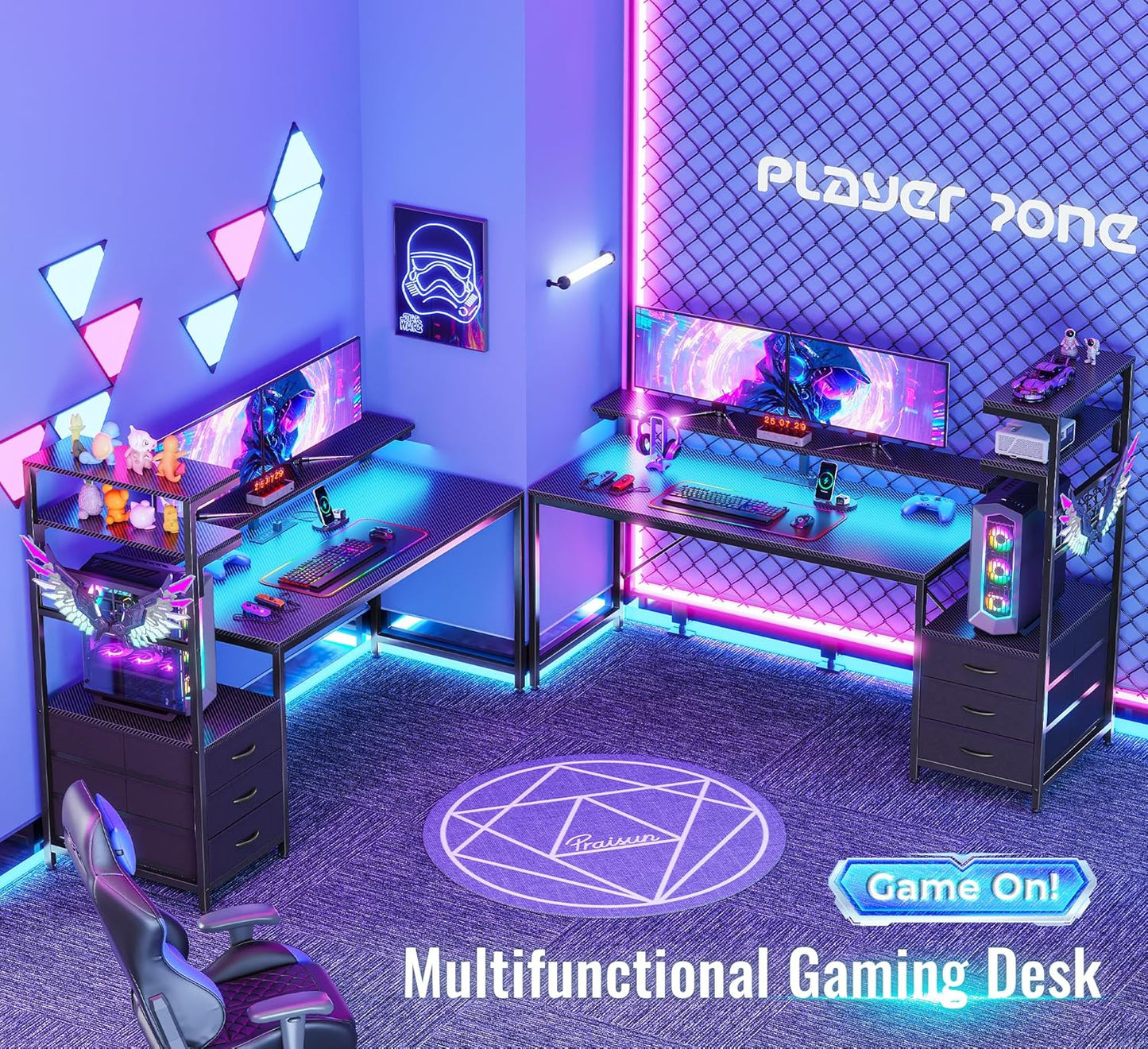 61.7" Gaming Desk with LED Lights & Outlets, Computer Desk with 3 Fabric Drawers, PC Desk with PC Case Stand & Movable Storage Shelves, Monitor Stand, Reversible, Carbon Fiber Black