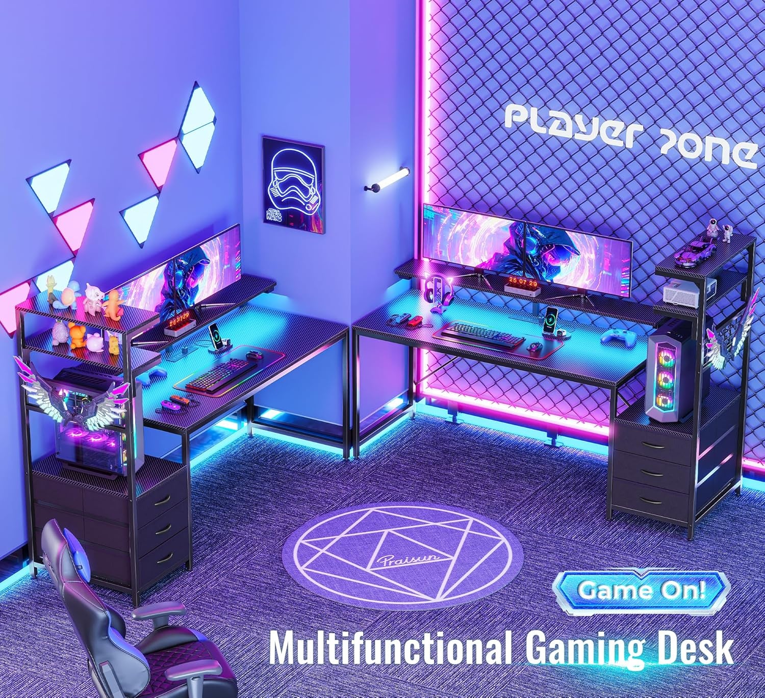 61.7" Gaming Desk with LED Lights & Outlets, Computer Desk with 3 Fabric Drawers, PC Desk with PC Case Stand & Movable Storage Shelves, Monitor Stand, Reversible, Carbon Fiber Black