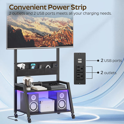Rolling TV Stand with Power Outlet, Mobile TV Stand with LED Light up to 55" Tvs, TV Cart with Mount, 5 Oxford Fabric Pouches, for Living Room, Meeting Room, Black DS01UDBB