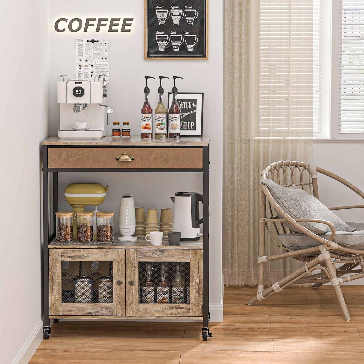 Large Coffee Bar Cabinet，3 Tiers Kitchen Coffee Cart with Drawer for the Home, Movable Farmhouse Station Table on Wheels for Living Room, Entryway, Dining Room, Kitchen