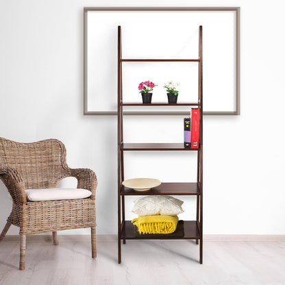 100% Solid Wood 5-Shelf Ladder Bookcase, 24.75"W X 16"D X 72"H, Warm Brown, 5-Tier Freestanding Ladder Shelf