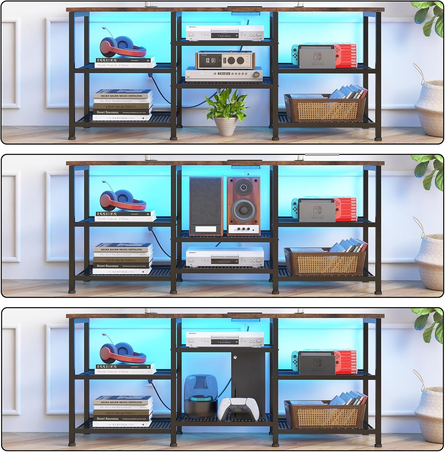 TV Stand for 55 Inch Tvs, Entertainment Center with Movable Shelf Panels, Power Outlet and LED Lights Open Storage Shelves, TV Media Console Table for Living Room and Bedroom, Rustic Brown