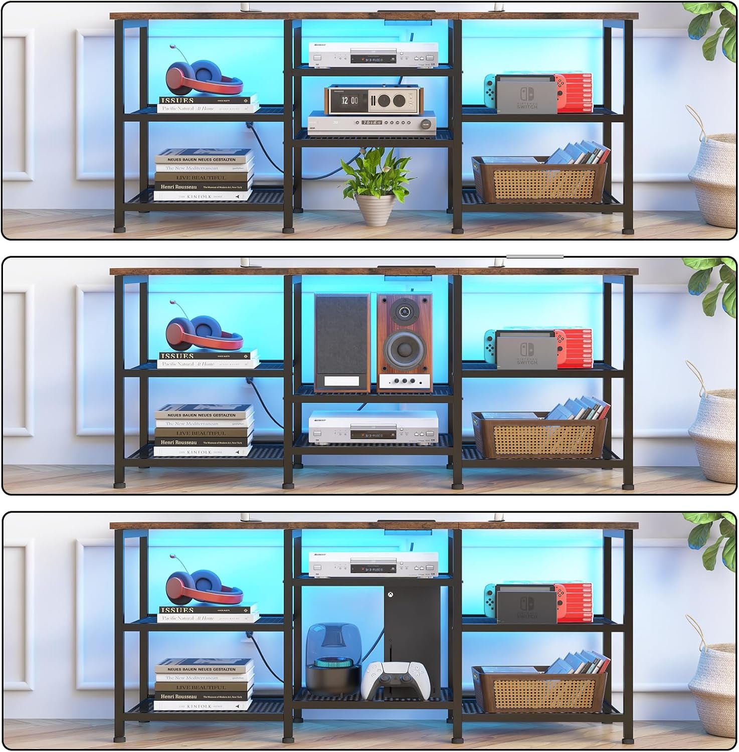 TV Stand for 55 Inch Tvs, Entertainment Center with Movable Shelf Panels, Power Outlet and LED Lights Open Storage Shelves, TV Media Console Table for Living Room and Bedroom, Rustic Brown