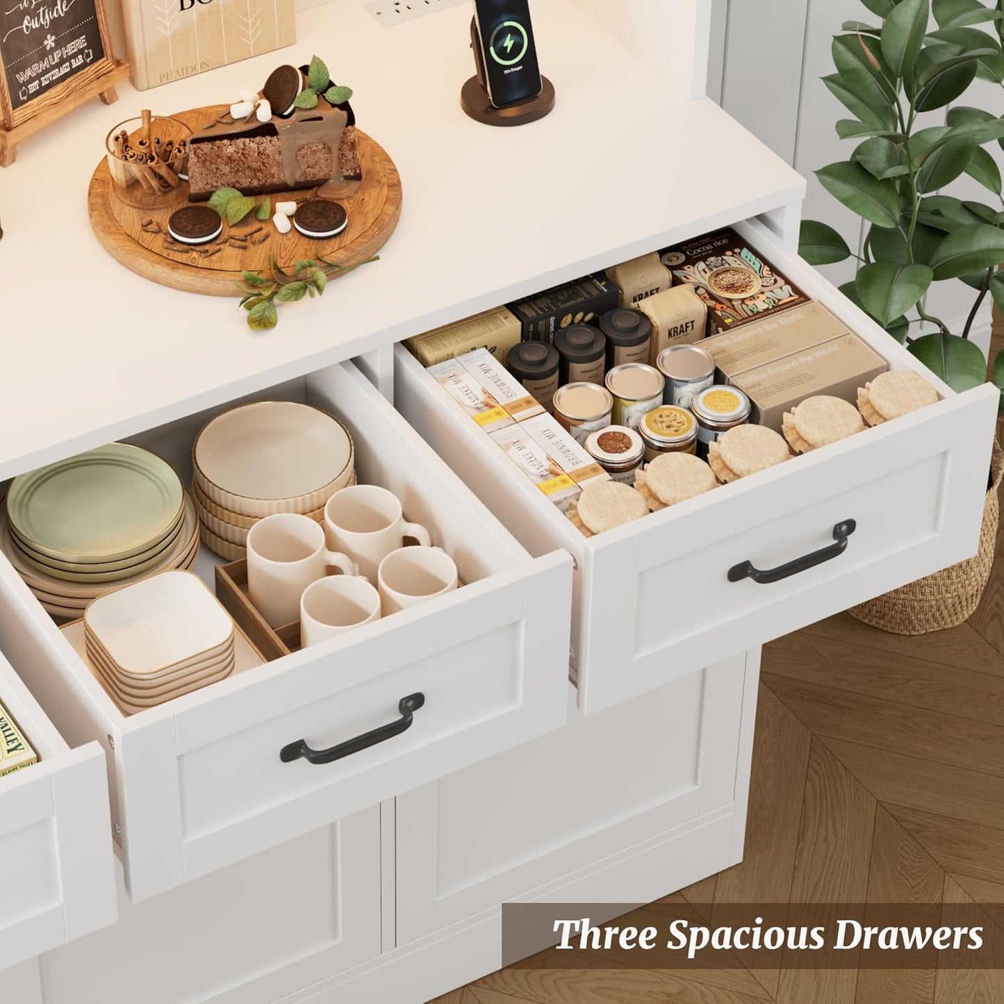 72" Tall Kitchen Pantry Cabinet with Charging Station | LED Lights, 47" W Kitchen Pantry Storage Cabinet with Countertop, Modern Kitchens Hutch Cabinets with Storage for Dining Room, White