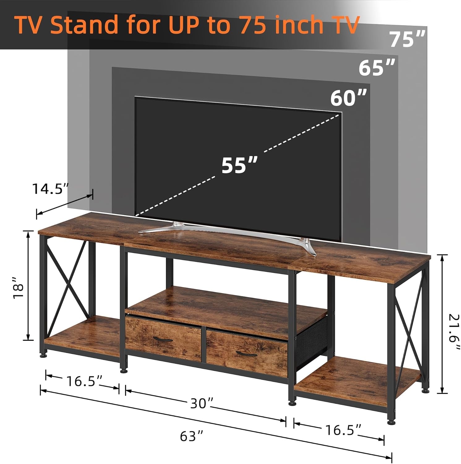 TV Stand with Fabric Drawers for 65 70 75 Inches TV - Entertainment Center and Industrial TV Console Table with Open Storage Shelves for Living Room, Bedroom - 63" Rustic Brown