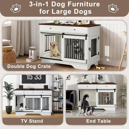 Dog Crate Furniture for 2 Dogs, Dog Kennel with 2 Storage Drawers & Divider, Large Double Dog Cage as TV Stand, Furniture Style Dog Crates with Sliding Barn Door (Brown & White)