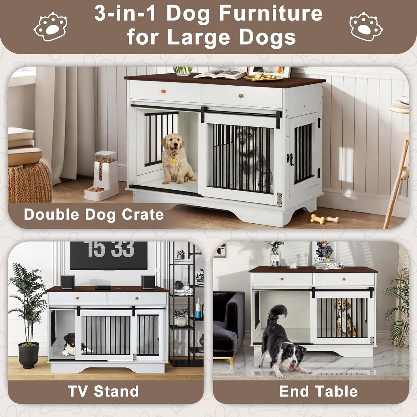 Dog Crate Furniture for 2 Dogs, Dog Kennel with 2 Storage Drawers & Divider, Large Double Dog Cage as TV Stand, Furniture Style Dog Crates with Sliding Barn Door (Blue & White)