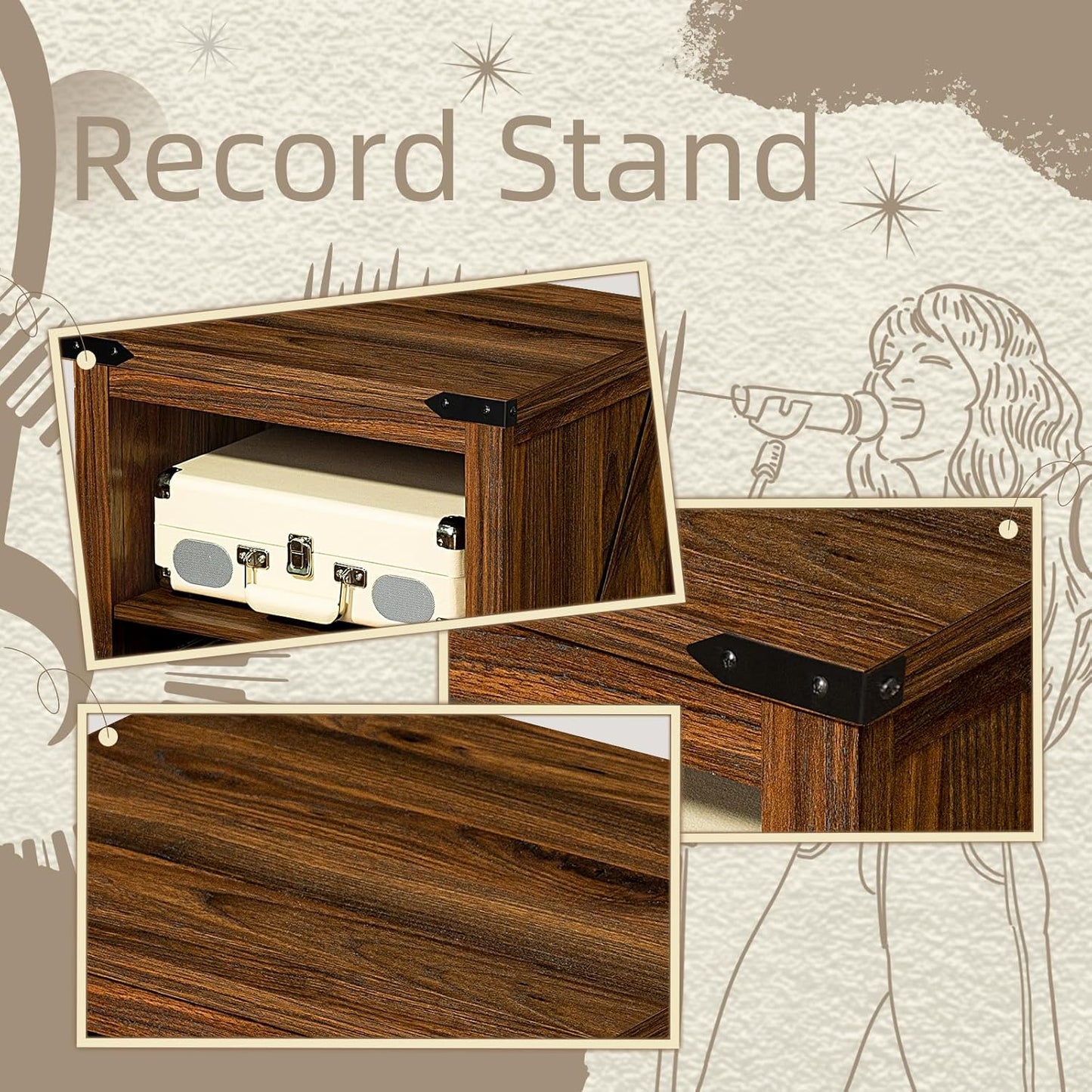 Record Player Stand with Vinyl Record Storage,Rustic Brown Record Player Table Holds up to 160 Albums,Large Wood Turntable Stand Cabinet Dispaly Shelf for Living Room,Bedroom,Office