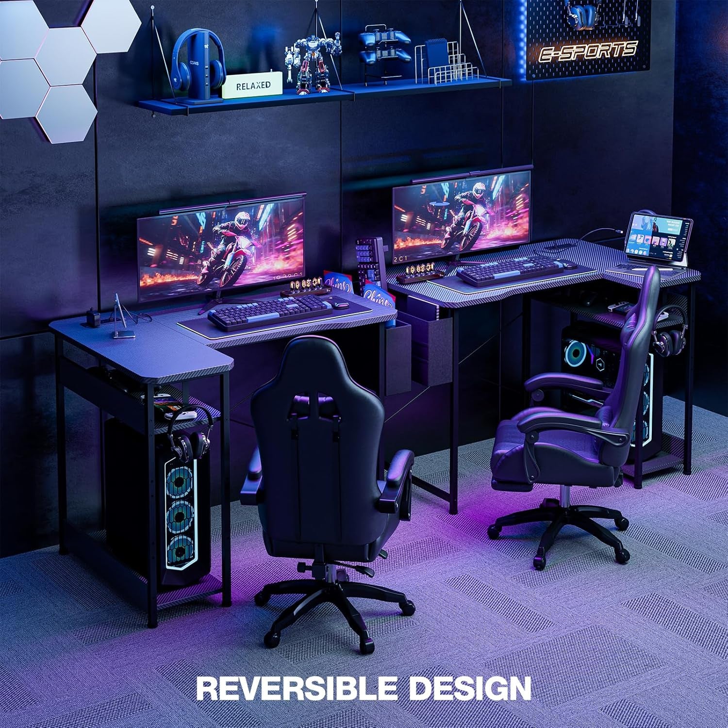 Small Gaming Desk with Power Outlets, 40 Inch L Shaped Desks with Reversible Shelves and Storage Bag,Computer Desk Corner Desk PC Desk for Gaming and Home Office Table,Black Carbon