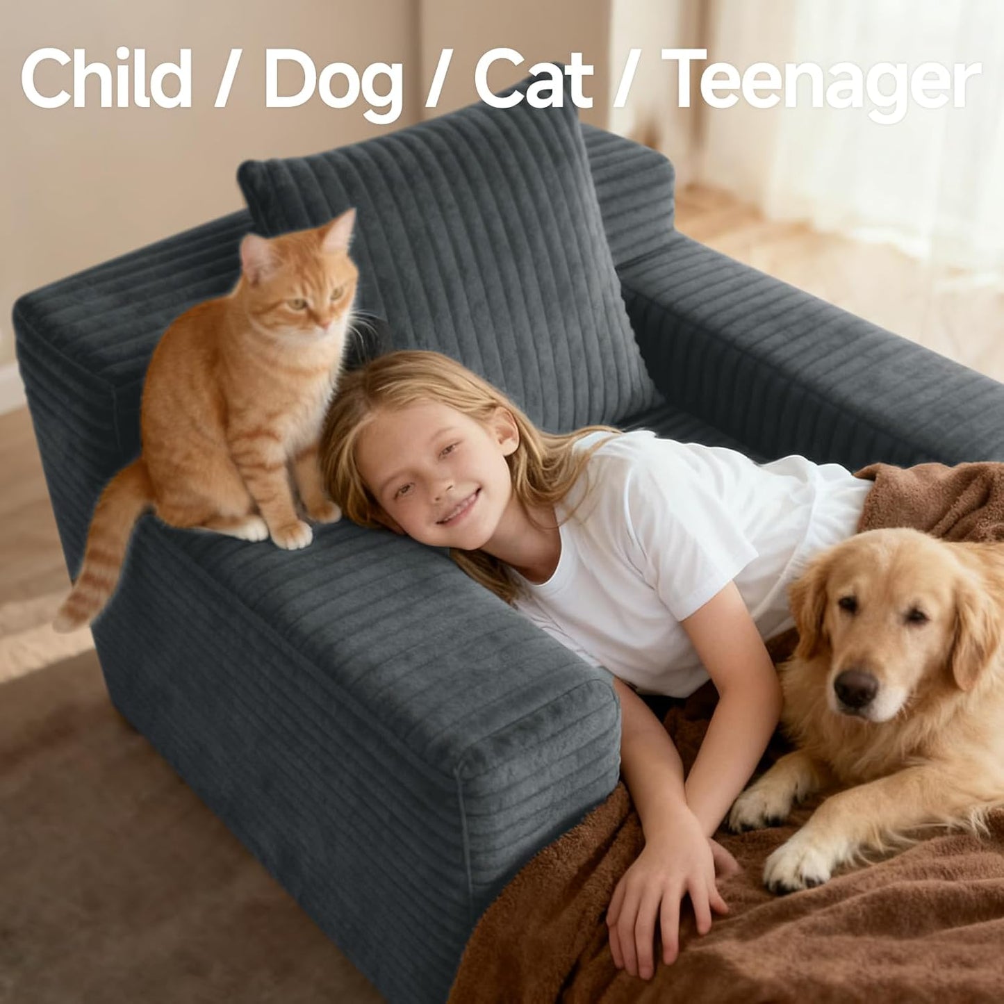 45'' Chaise Lounge Chair Indoor, Corduroy Upholstered Boneless Sofa Bed, Deep Seat Sleeper Couch Reading Chairs, Small Comfy Cloud Sofas Couches for Living Room, Bedroom, Movie Room (Dark Grey)