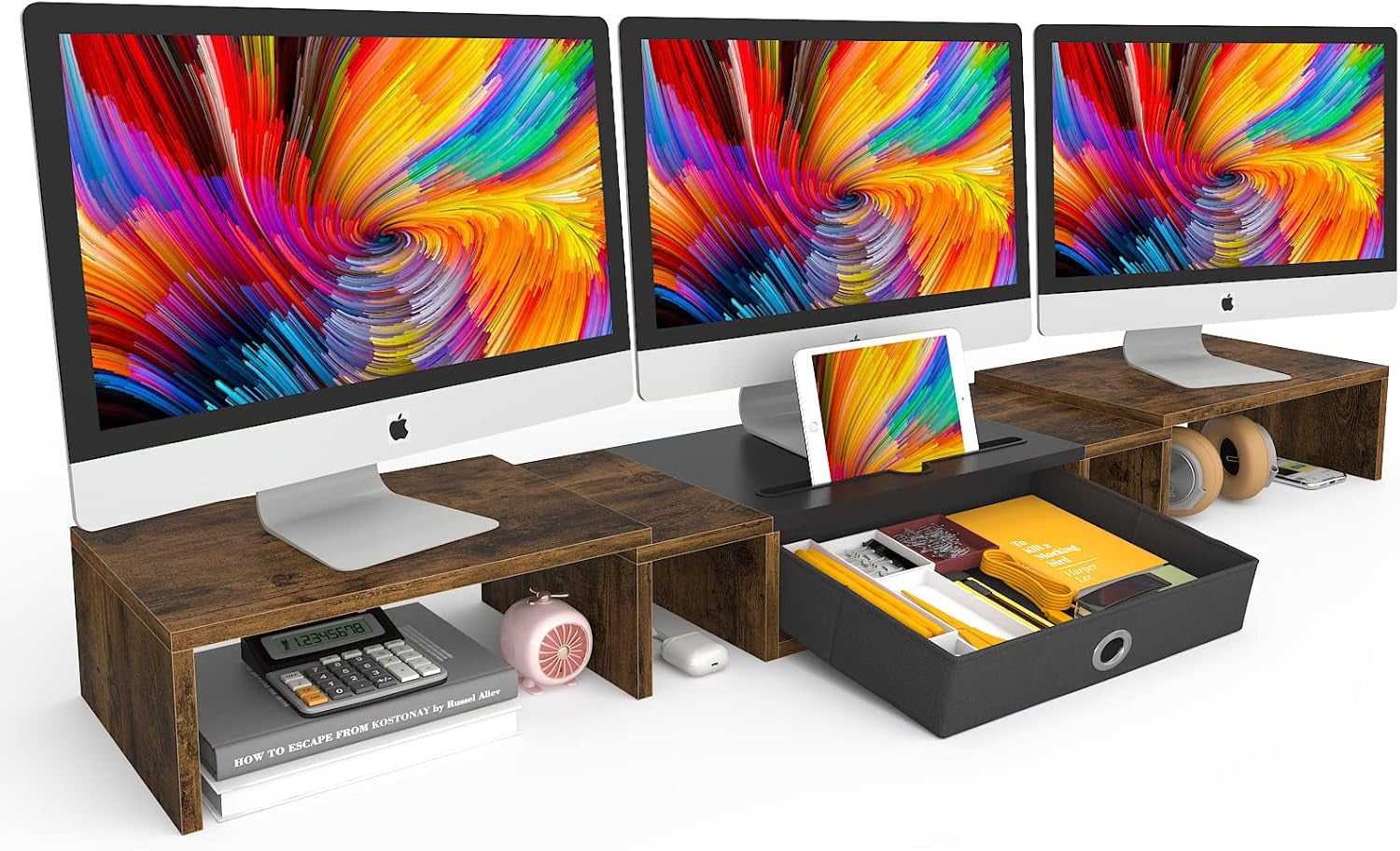 Triple Dual Monitor Stand Riser with Drawer,Extra Large Adjustable for 2~3 Monitors,Solt for Phone & Tablet, Desktop Organizer Stand for Computer,Laptop,Printer,Tv