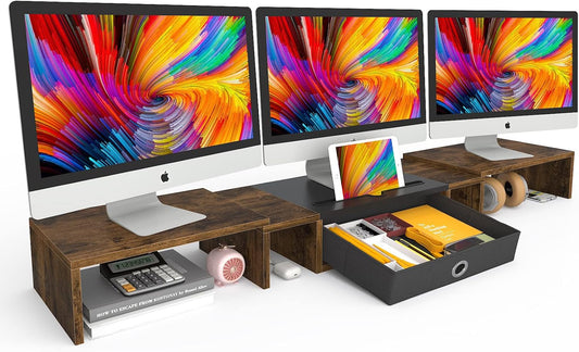 Triple Dual Monitor Stand Riser with Drawer,Extra Large Adjustable for 2~3 Monitors,Solt for Phone & Tablet, Desktop Organizer Stand for Computer,Laptop,Printer,Tv