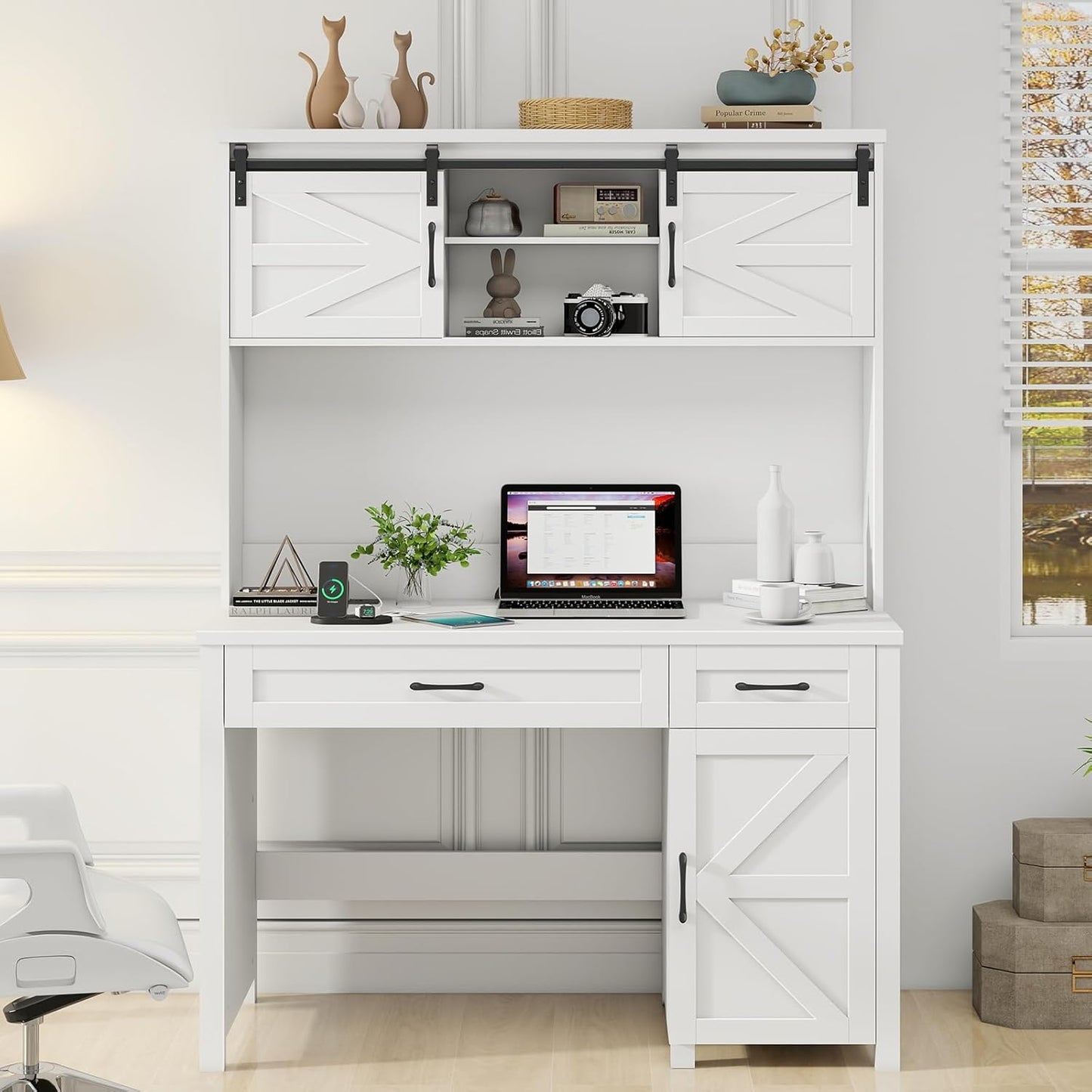 Farmhouse 47" Executive Desk, Computer Desks with 2 Drawers and Storage Cabinet, Home Office Desk with Hutch and Charging Station, Workspace for Work and Study. (Cream White.