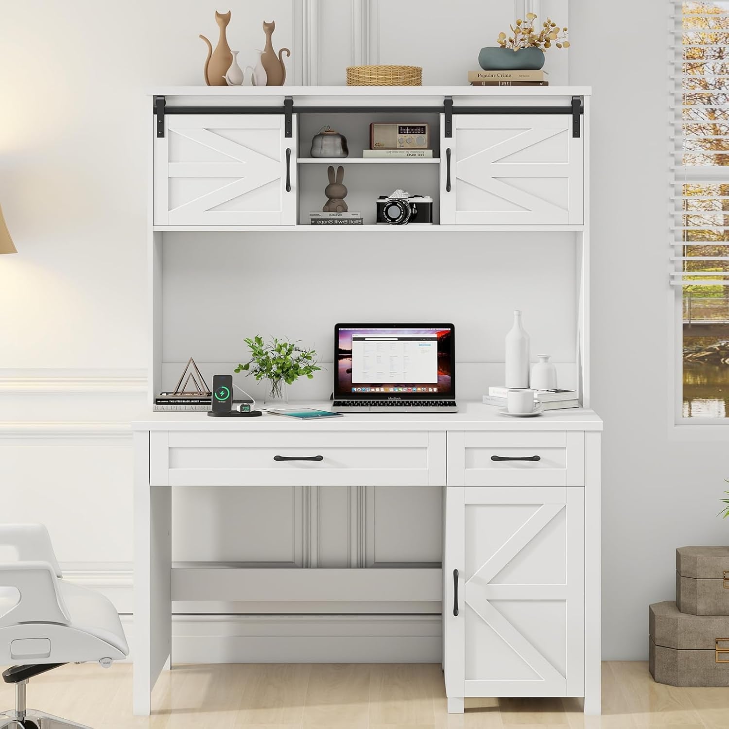 Farmhouse 47" Executive Desk, Computer Desks with 2 Drawers and Storage Cabinet, Home Office Desk with Hutch and Charging Station, Workspace for Work and Study. (Cream White.