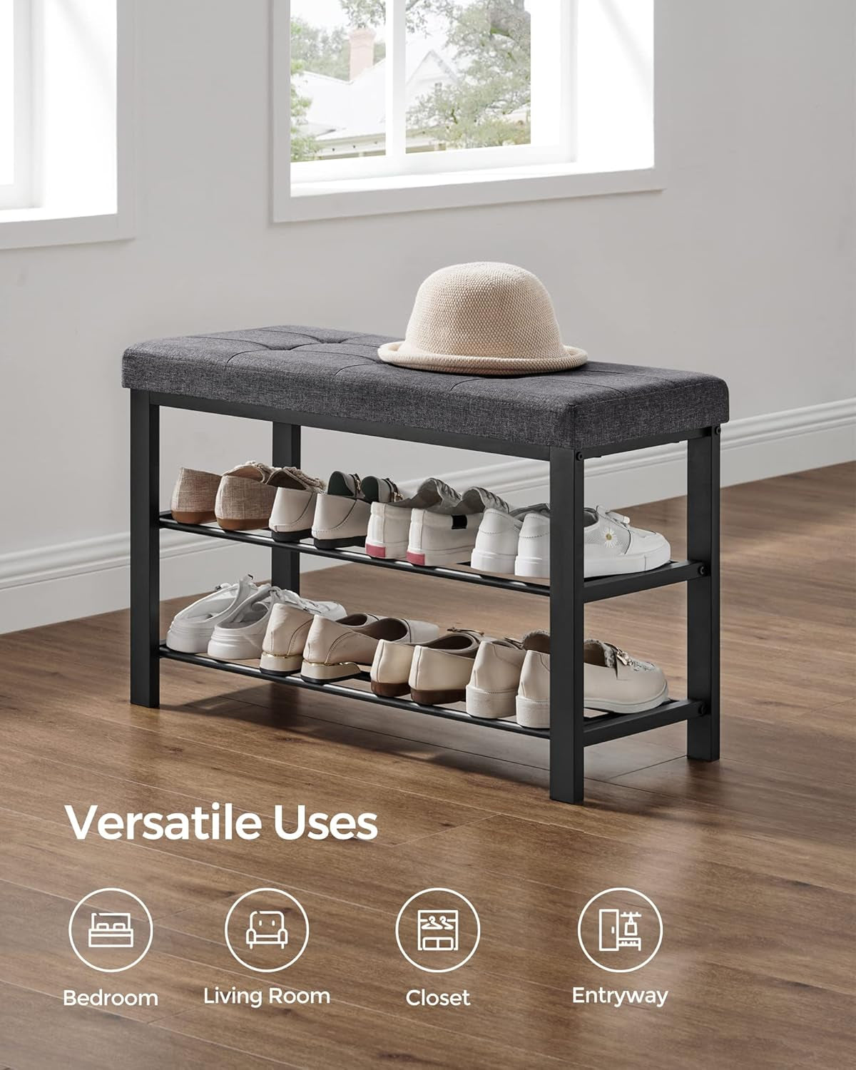 Shoe Bench, Storage Bench, Entryway Bench with Cushion, Shoe Shelf with Seat, Space-Saving, Modern Style, for Living Room, Bedroom, Hallway, Dark Gray and Ink Black ULBS57GYZ