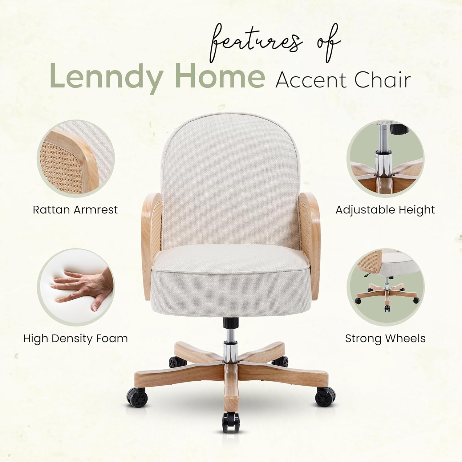 Rattan Desk Chair, Upholstered Home Office Chair with Rattan Armrest, Waterproof Cushion, Adjustable Swivel Rolling Height Computer Task Chair for Living Room Bed & Study Room, Ivory