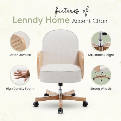 Rattan Desk Chair, Upholstered Home Office Chair with Rattan Armrest, Waterproof Cushion, Adjustable Swivel Rolling Height Computer Task Chair for Living Room Bed & Study Room, Ivory