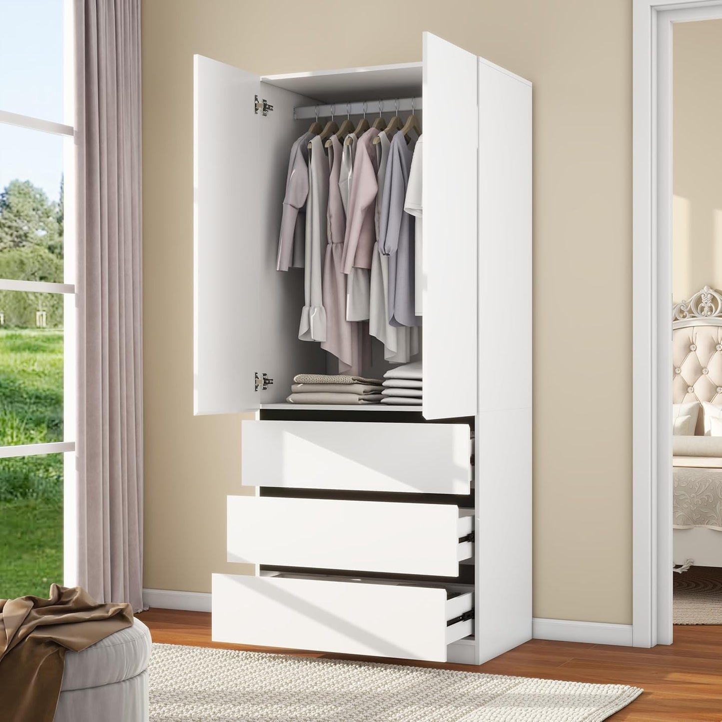 Wooden Wardrobe Closet with 2 Doors: 75" Bedroom Armoire Wardrobe Closet with 3 Drawers, White Cabinet with Hanging Shelves, Large Storage Cabinet (Modern, 1)