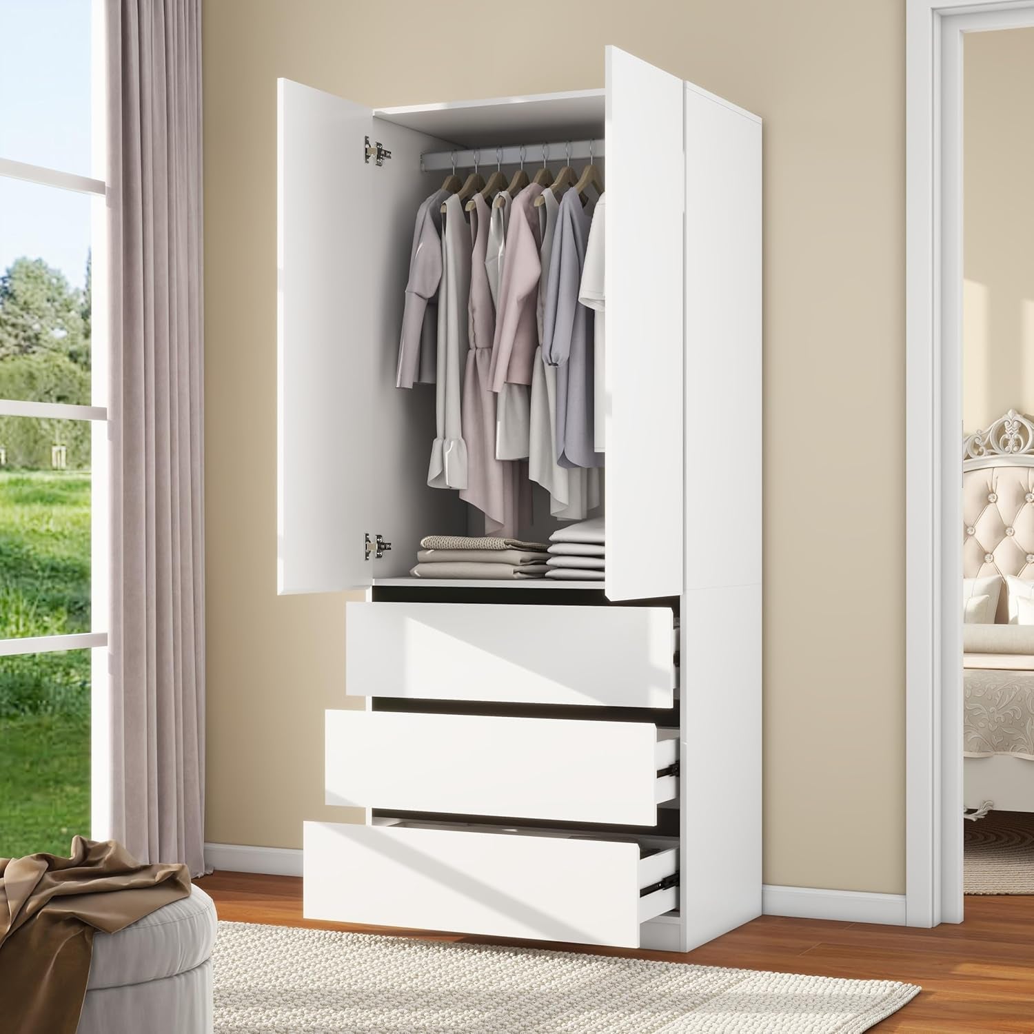 Wooden Wardrobe Closet with 2 Doors: 75" Bedroom Armoire Wardrobe Closet with 3 Drawers, White Cabinet with Hanging Shelves, Large Storage Cabinet (Modern, 1)