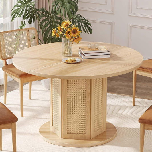 round Dining Table for 4-6 People 47 Inch Farmhouse Kitchen Table with Rattan Circular Base Wooden Dinner Table for Dining Room Family Gathering, Natural Oak