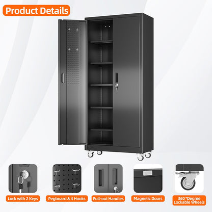 Garage Storage Cabinet with Wheels Pegboard and 5 Adjustable Shelves, 71'' X 32'' X 16''Metal Lockable Cabinet with Magnetic Doors,Tool Storage,Home Office Garage,Gym,School (Black)