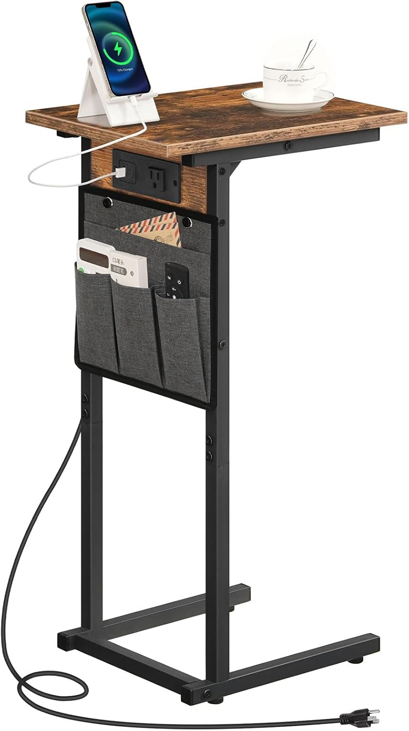 C Shaped Side Table with Charging Station, Slide under Couch Table, 27.8" Tall Side Table for Sofa Arm with Fabric Storage Pocket, for Living Room, Bedroom, Rustic Brown BF73USF01