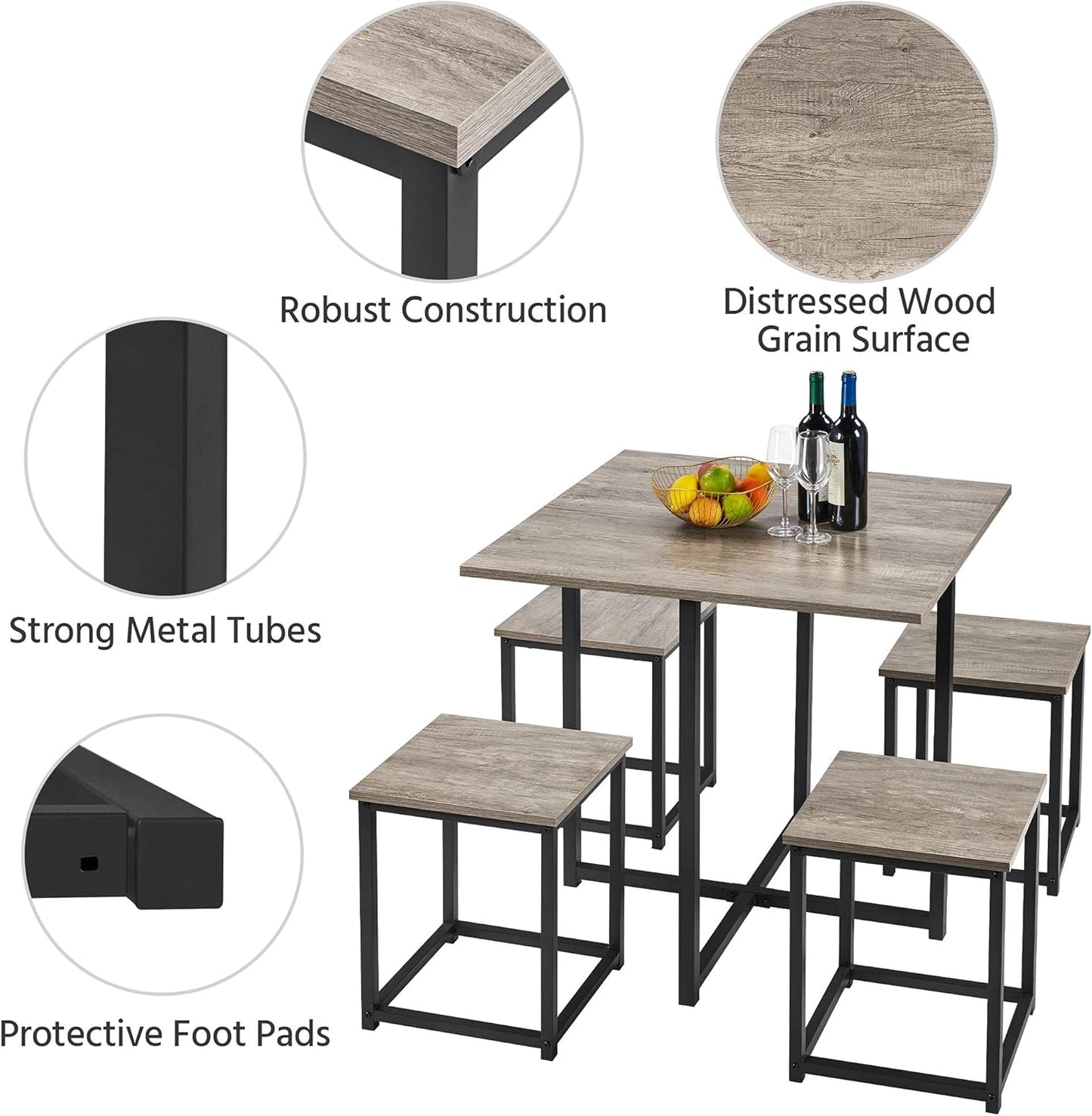 Dining Table Set for 4 Industrial Kitchen Table with 4 Chairs, Space-Saving Design for Apartment, Small Space, Breakfast Nook, Gray