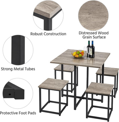 Dining Table Set for 4 Industrial Kitchen Table with 4 Chairs, Space-Saving Design for Apartment, Small Space, Breakfast Nook, Gray