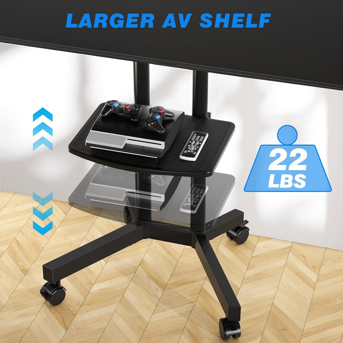 Rolling TV Stand with Laptop Shelf, Mobile TV Stand with Upgraded Wheels for 32-75 Inch Tvs, Height Adjustable Mobile TV Cart up to 88Lbs, Portable TV Mount Stand for Outdoor, Home, Office