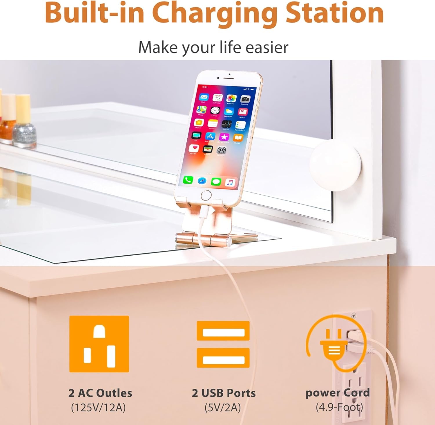 Large Vanity Desk with Lighted Mirror White Makeup Vanity Set with Glass Top & Power Outlet & 7 Drawers Storage 3 Color Lighting Modes Dressing Table with Stool for Bedroom Women Girl UBDT83W