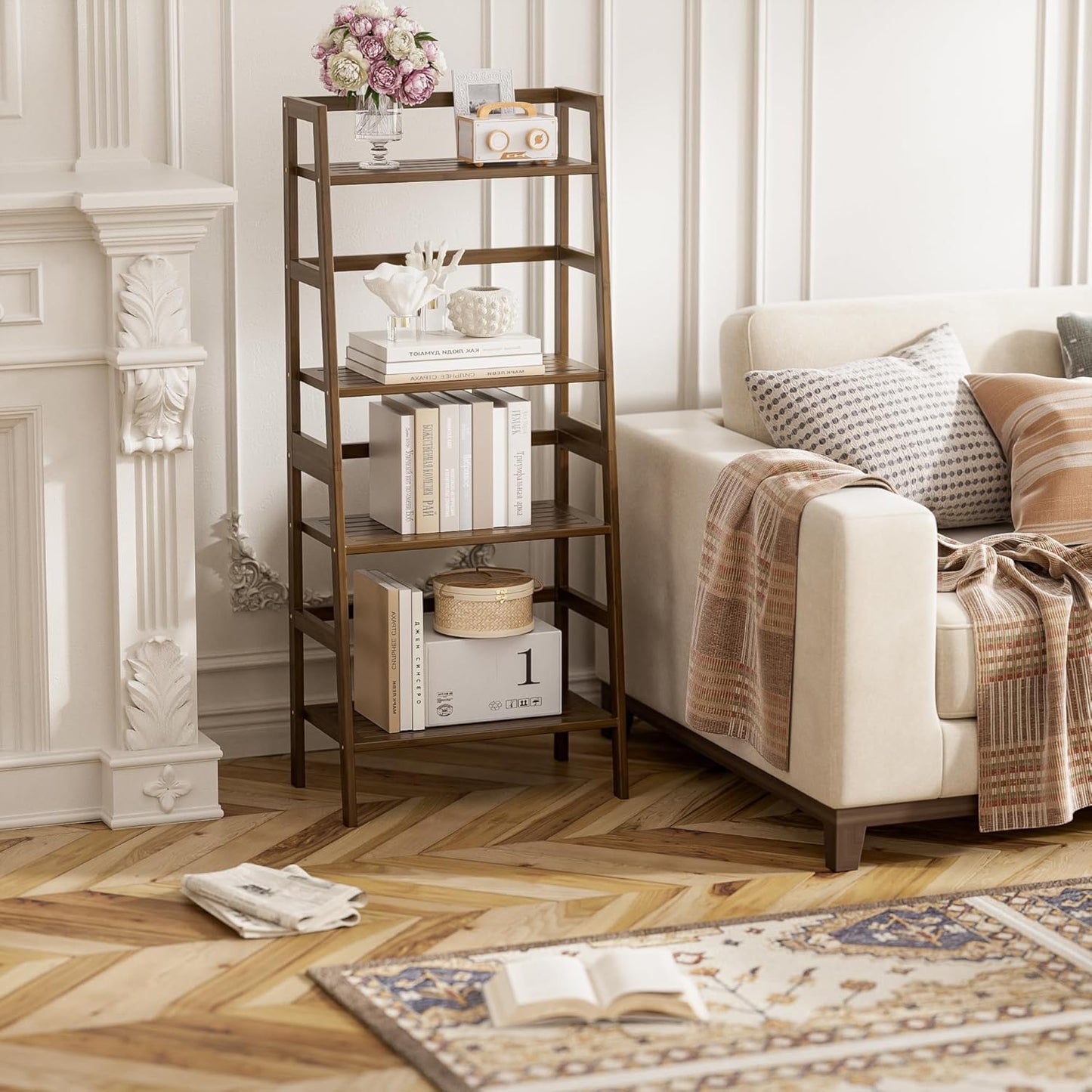 Ladder Shelf, 4-Tier Bamboo Bookshelf, Freestanding Open Display Storage Rack, Space Saving Flower Plant Display Stand for Bathroom Living Room, Walnut