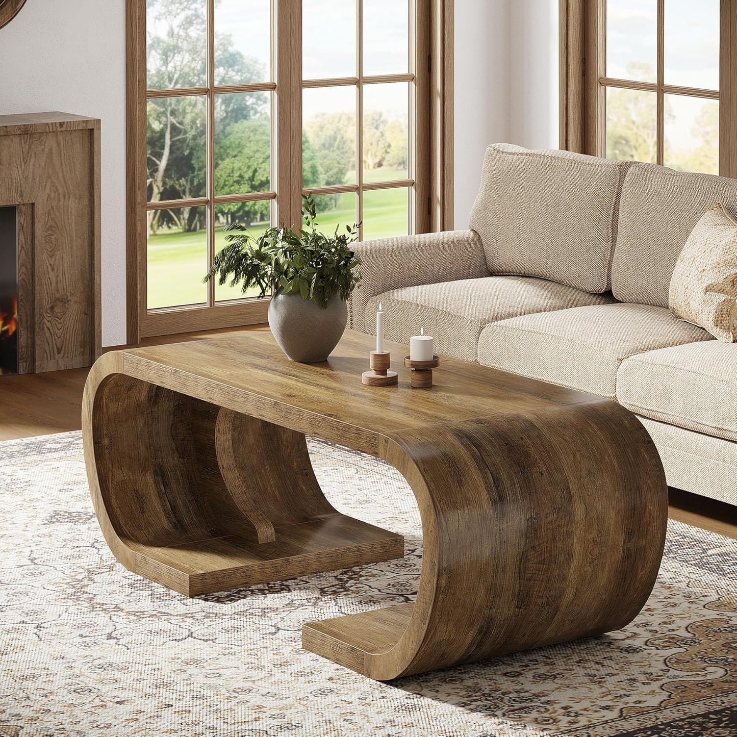 Farmhouse Coffee Table, 47" Heavy Duty C-Shaped Center Table with Curved Base, Large Tea Table for Living Room, Entertainment Room, Home Office, Rustic Brown