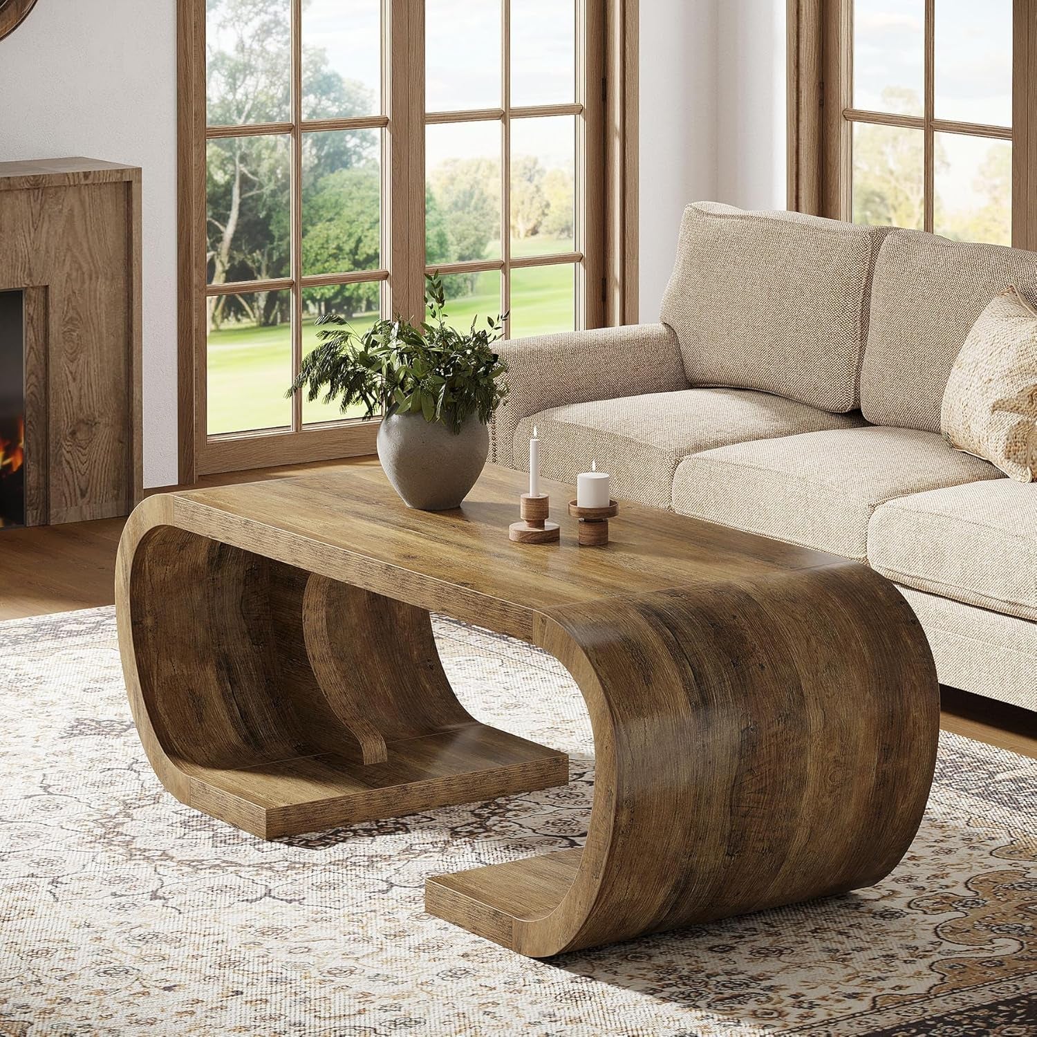 Farmhouse Coffee Table, 47" Heavy Duty C-Shaped Center Table with Curved Base, Large Tea Table for Living Room, Entertainment Room, Home Office, Rustic Brown