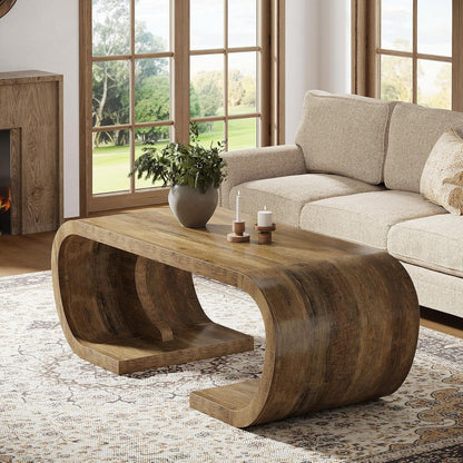 Farmhouse Coffee Table, 47" Heavy Duty C-Shaped Center Table with Curved Base, Large Tea Table for Living Room, Entertainment Room, Home Office, Rustic Brown