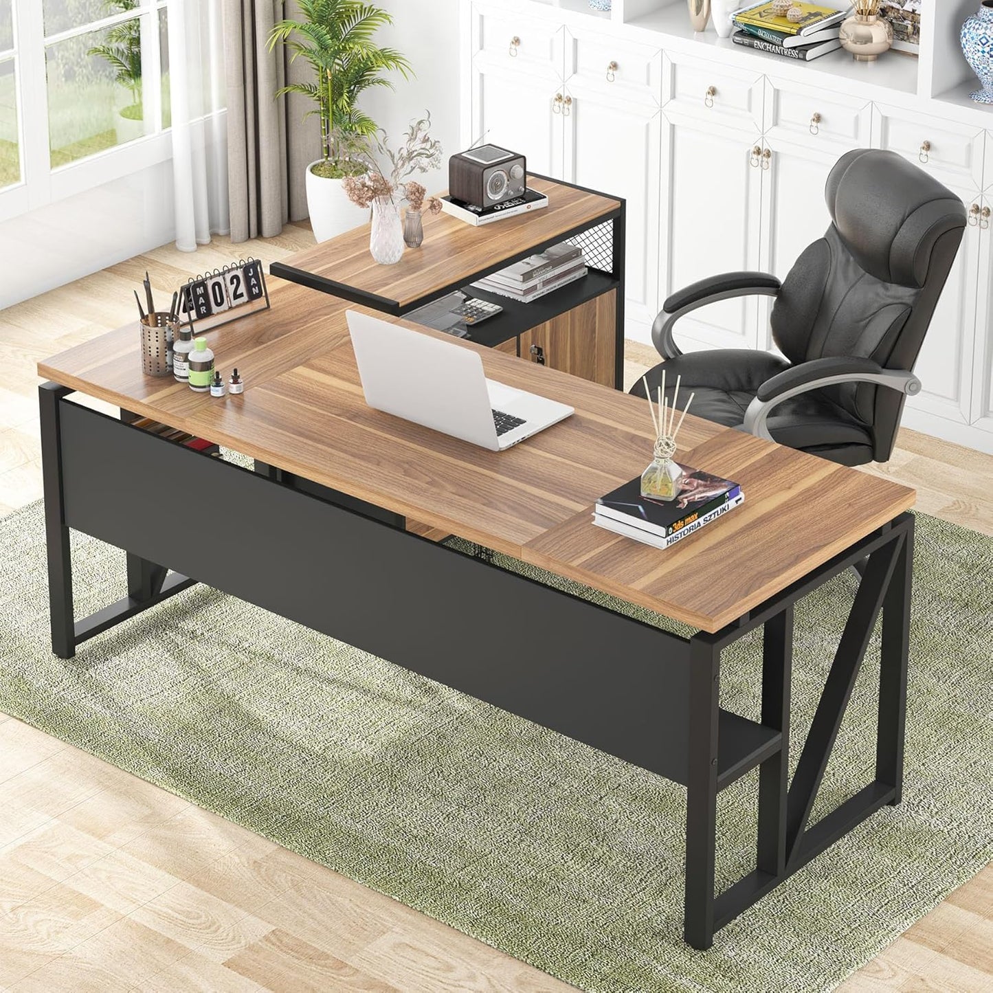63" Executive with Drawer Cabinet, L Shaped Desk and Lock Lateral File Cabinet, 2 Piece Home Office Furniture Set with Drawers for Hanging File, (Brown, 63 Inches)
