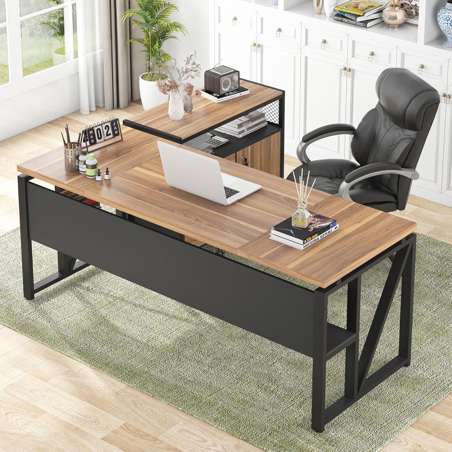 63" Executive with Drawer Cabinet, L Shaped Desk and Lock Lateral File Cabinet, 2 Piece Home Office Furniture Set with Drawers for Hanging File, (Brown, 63 Inches)