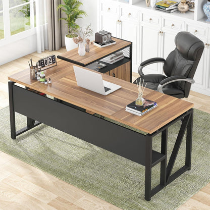 63" Executive with Drawer Cabinet, L Shaped Desk and Lock Lateral File Cabinet, 2 Piece Home Office Furniture Set with Drawers for Hanging File, (Brown, 63 Inches)