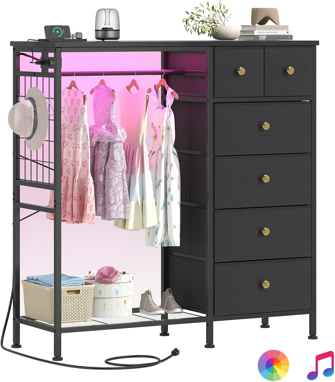 47.2" White Dresser with Hanging Rack, 2 in 1 Bedroom 6 Drawers with LED Lights & Charging Station, Wooden with Fabric Drawers and Clothing Rack (-2)
