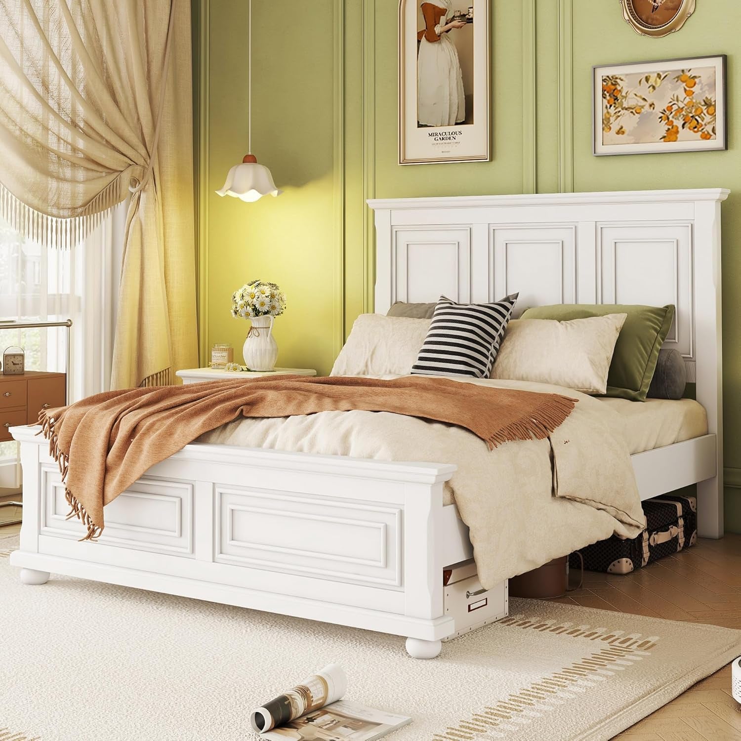 Wood Queen Bed Frame with Tall Headboard and Footboard, Rustic Queen Panel Bed with under Bed Storage, Farmhouse Style, Noise-Free, No Box Spring Needed, White